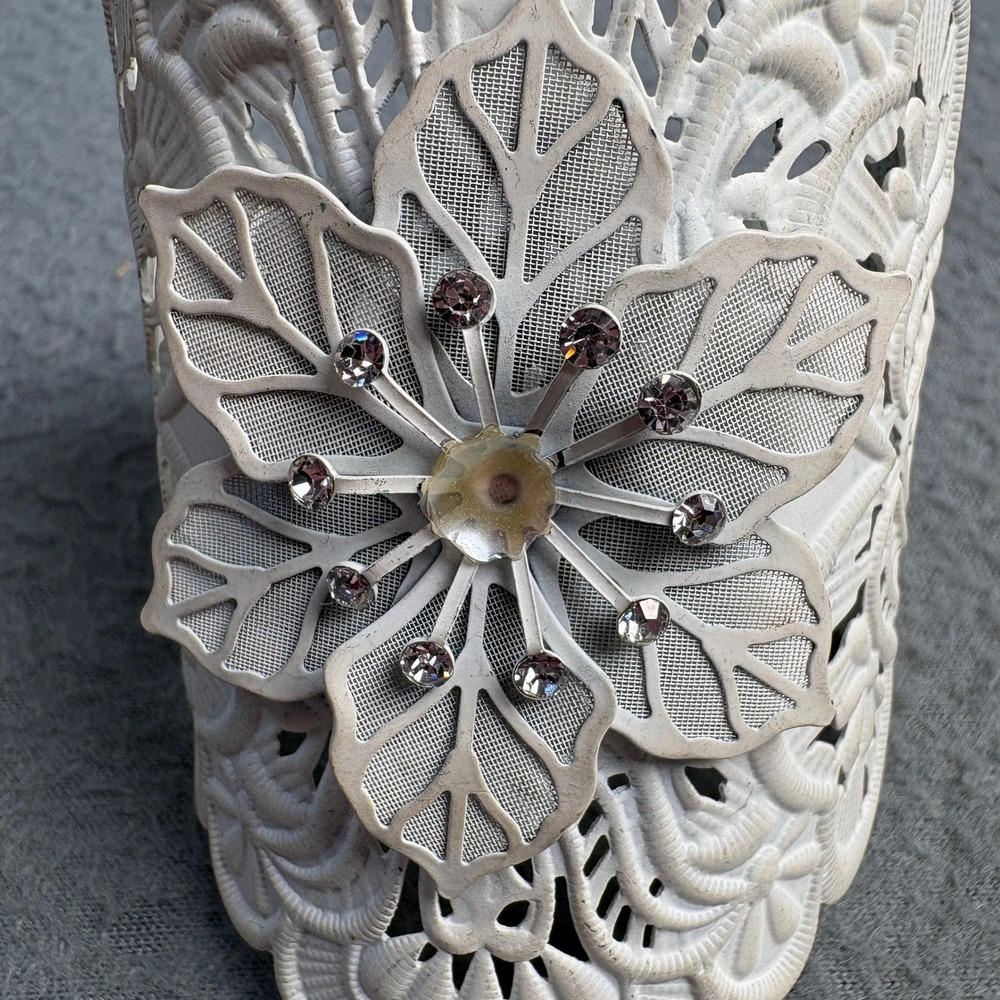 Vintage Cream Filigree Flower Cuff Bracelet Rhinestone Victorian Scalloped Wide